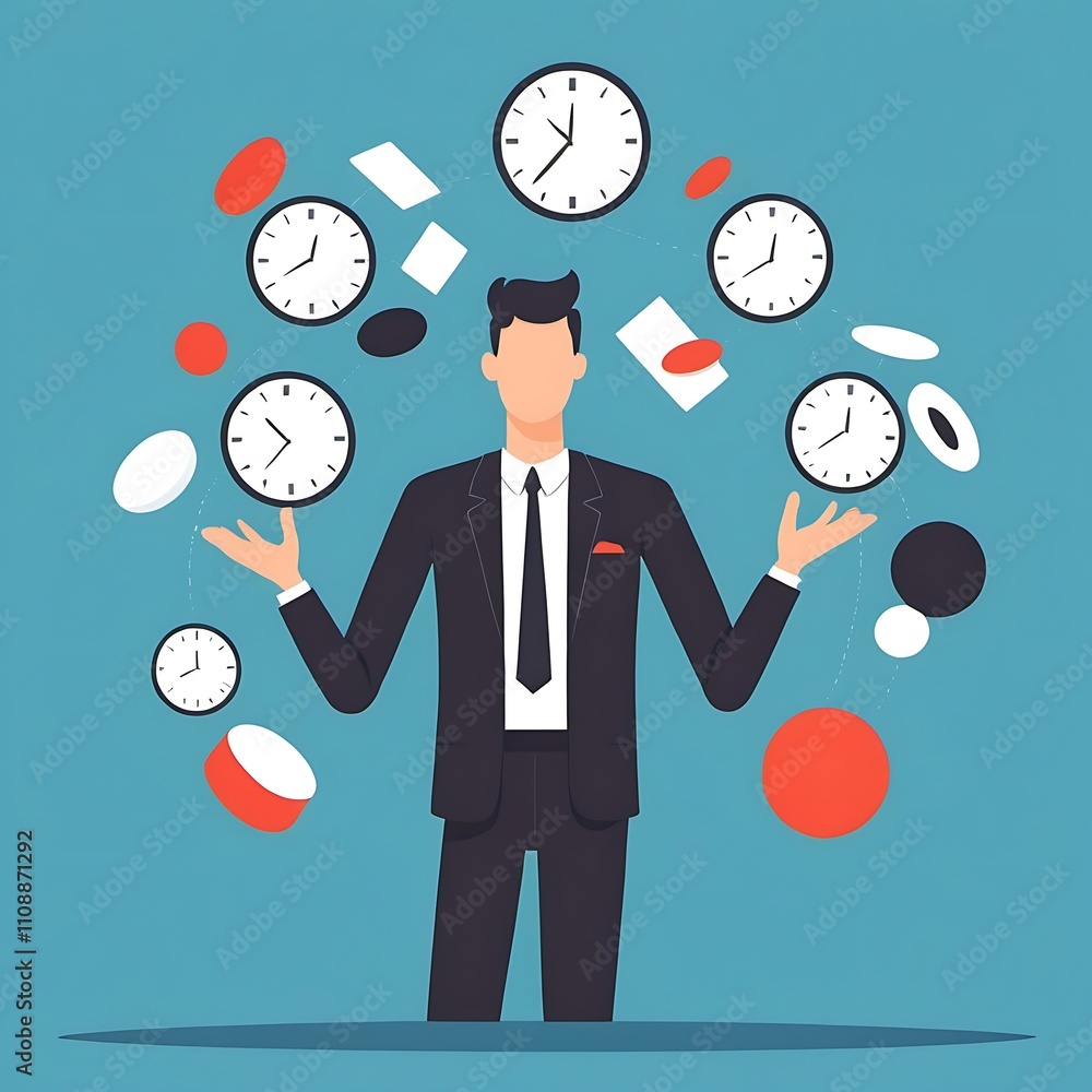 Poster a salesperson managing a high-stress environment with a calm, focused expression while juggling mult