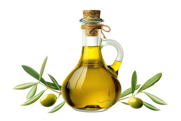 Elegant glass bottle of olive oil with fresh olives and leaves on a white background highlighting natural ingredients and culinary uses