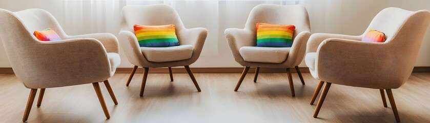 LGBTQ Safe Spaces Concept, Cozy Chairs Arranged in a Circle with Colorful Cushions for a Warm Gathering Atmosphere