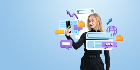 Woman taking selfie with digital communication icons on blue bac