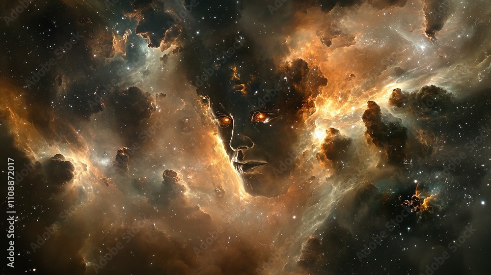 Poster a surreal composition of a face merging with cosmic elements.