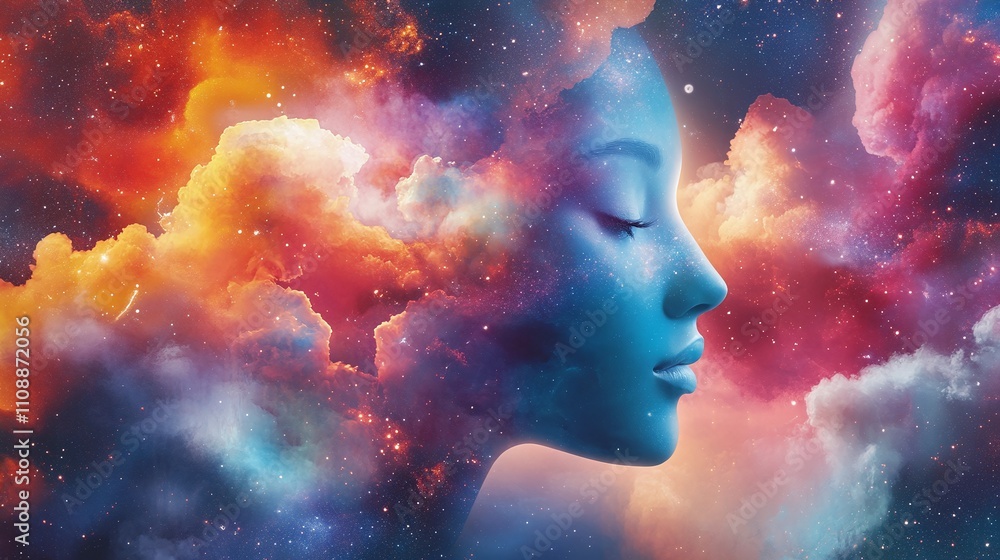 Poster a surreal composition of a face merging with cosmic elements.