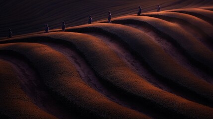 Fototapeta premium A serene landscape of rolling hills, highlighted by gentle waves and warm light, creating a peaceful atmosphere.