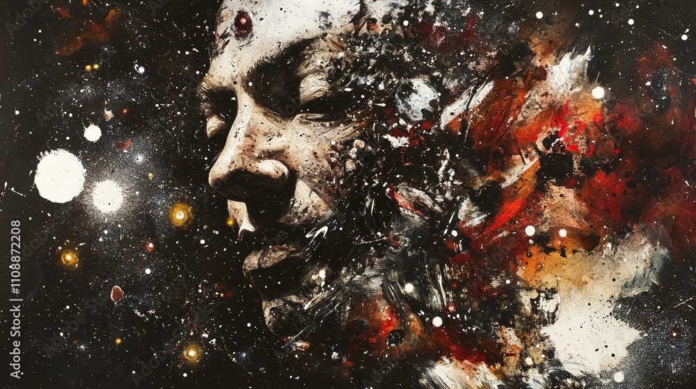 Poster a surreal composition of a face merging with cosmic elements.