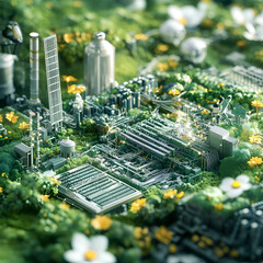 A vibrant green field adorned with colorful flowers, set against a backdrop of modern buildings.

