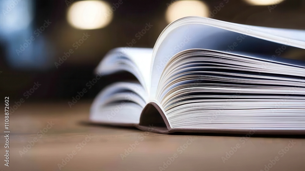 Poster an open book resting on a table, showcasing its pages with soft lighting in the background, creating