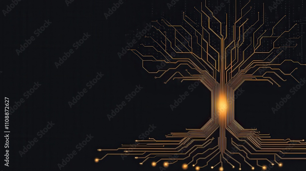 Poster a digital tree design made of circuit lines, symbolizing the fusion of technology and nature against
