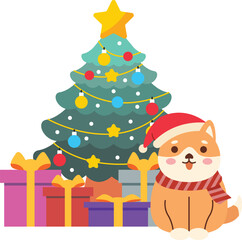 Fototapeta premium Cute Dog with Christmas Tree and Gifts