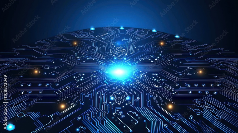 Poster a vibrant, abstract representation of a circuit board, illuminated by a central blue light, showcasi