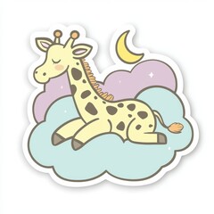 Obraz premium Adorable cartoon giraffe resting on a cloud, with a crescent moon and twinkling stars in the sky. Perfect for children's books, nursery decor, and bedtime stories. 