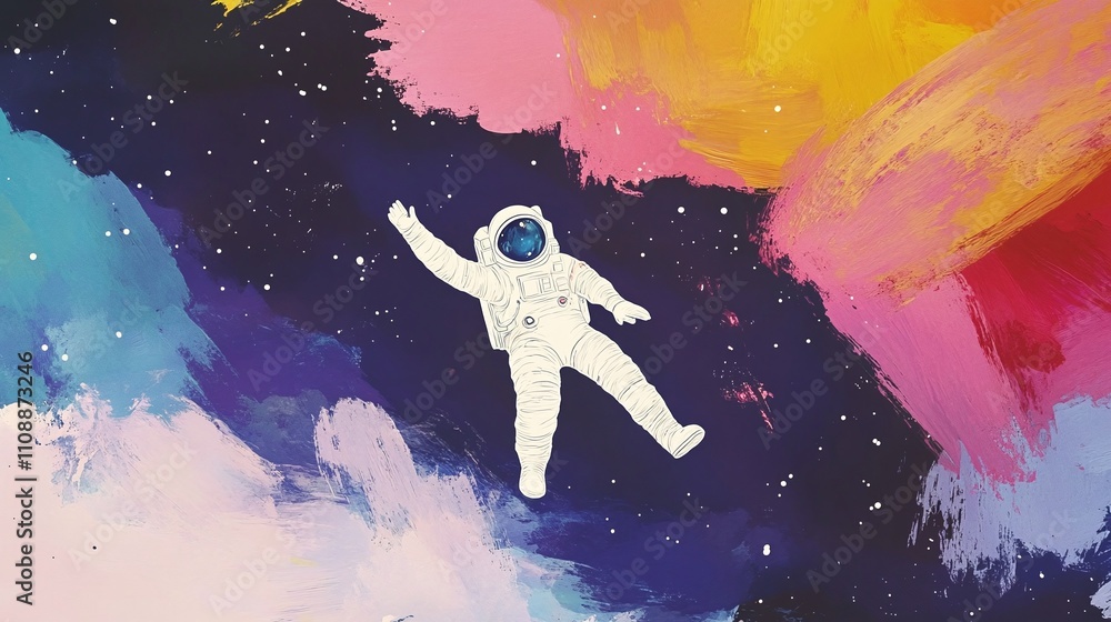 Poster a vibrant depiction of an astronaut floating in colorful space.