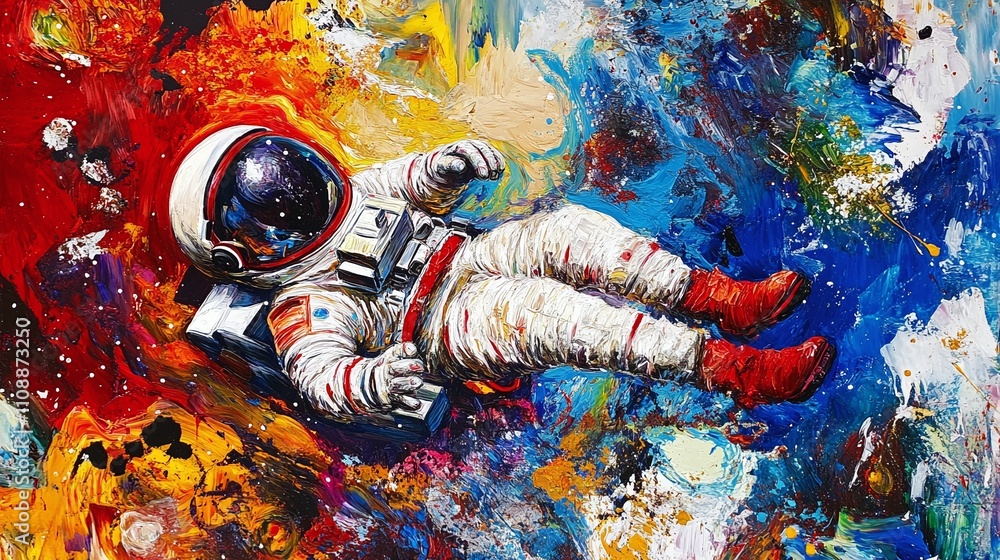 Poster a vibrant depiction of an astronaut floating in colorful space.