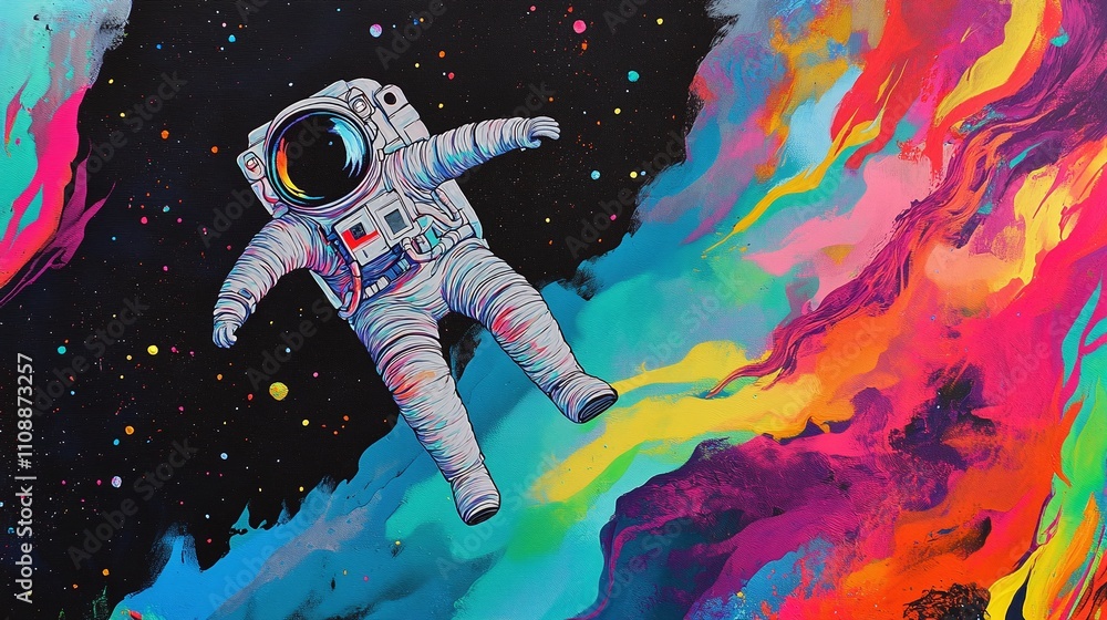 Poster a vibrant depiction of an astronaut floating in colorful space.