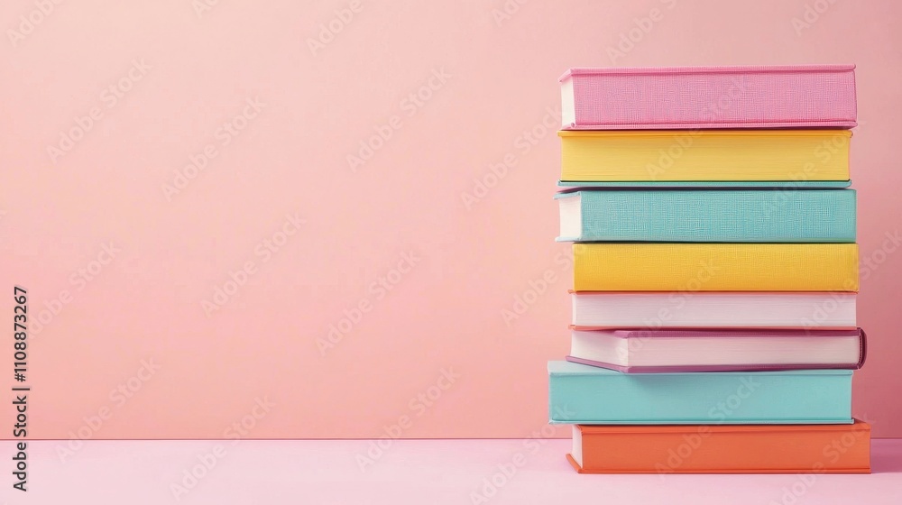 Poster a colorful stack of books against a soft pink background, creating a vibrant and inviting aesthetic 