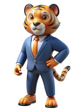 Tigre 3D con traje, tigre de negocios parado con confianza en traje profesional.