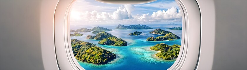 Fototapeta premium Aerial View Through Airplane Window of Tropical Islands Surrounded by Turquoise Water