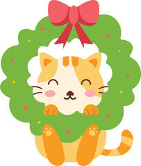 Obraz premium Cute Cat in Christmas Wreath Illustration