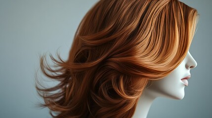 Fototapeta premium A wavy auburn wig on a white mannequin head, positioned artistically with soft lighting.