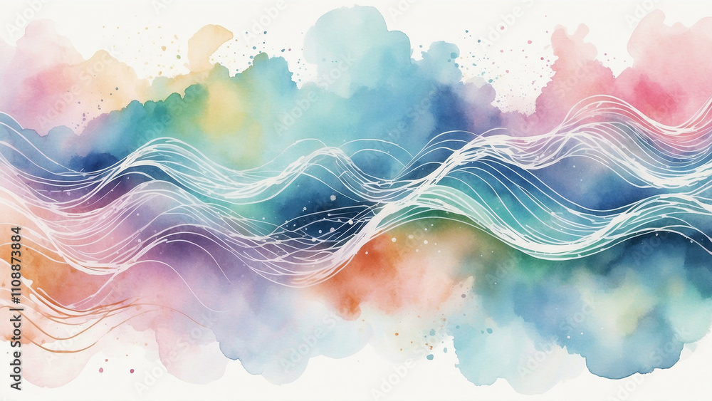 Poster flowing watercolor strokes representing waves of communication signals and wireless networks, fading