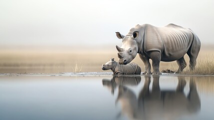 Obraz premium A mother rhinoceros and her baby are peacefully drinking water from a calm lake. The early morning light enhances the serene atmosphere, creating a gentle reflection on the surface.