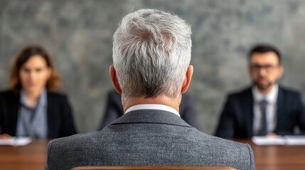 A professional setting featuring a man seated with his back to the camera, facing a panel of three individuals in business attire.