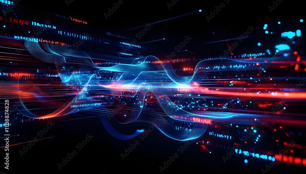 Poster abstract digital interface with blue and red glowing lines and data