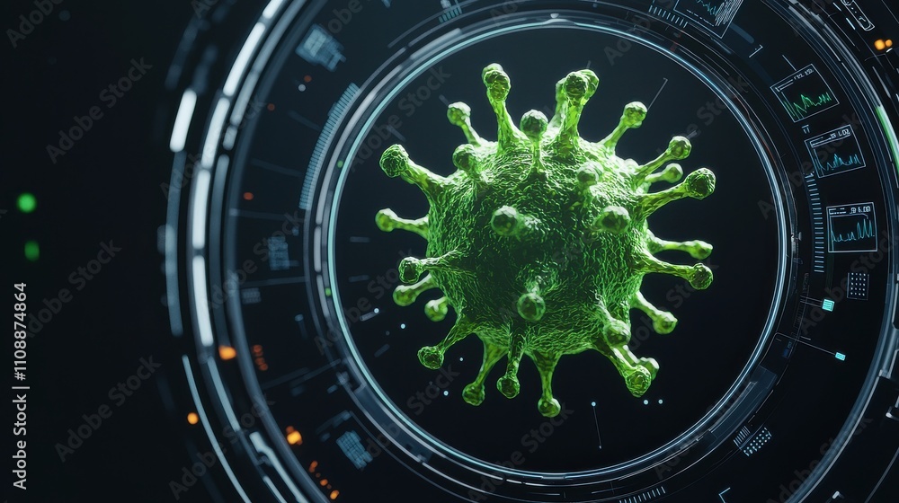 Aufkleber a vibrant green virus model displayed in a futuristic digital interface, highlighting its intricate 