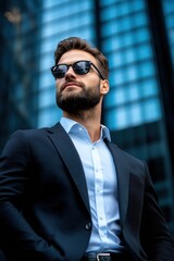 Fototapeta premium Handsome man in a suit stands confidently near a towering skyscraper on a bright day of success and ambition
