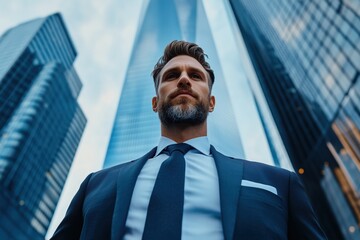 Fototapeta premium Handsome man in a suit stands confidently near a towering skyscraper on a bright day of success and ambition