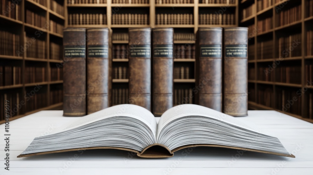 Poster a beautifully arranged library scene featuring an open book in the foreground and a collection of le