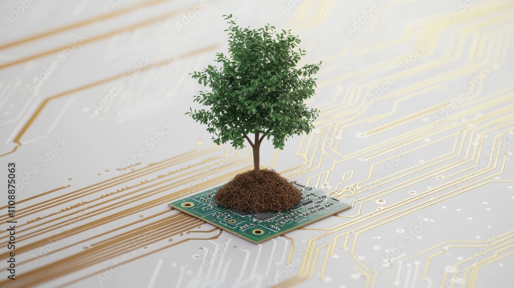 Poster a miniature tree grows from a circuit board, symbolizing the intersection of technology and nature.