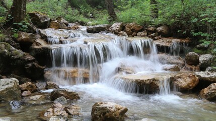 Obraz premium A waterfall cascading over rocks in a lush forest setting, natural and peaceful