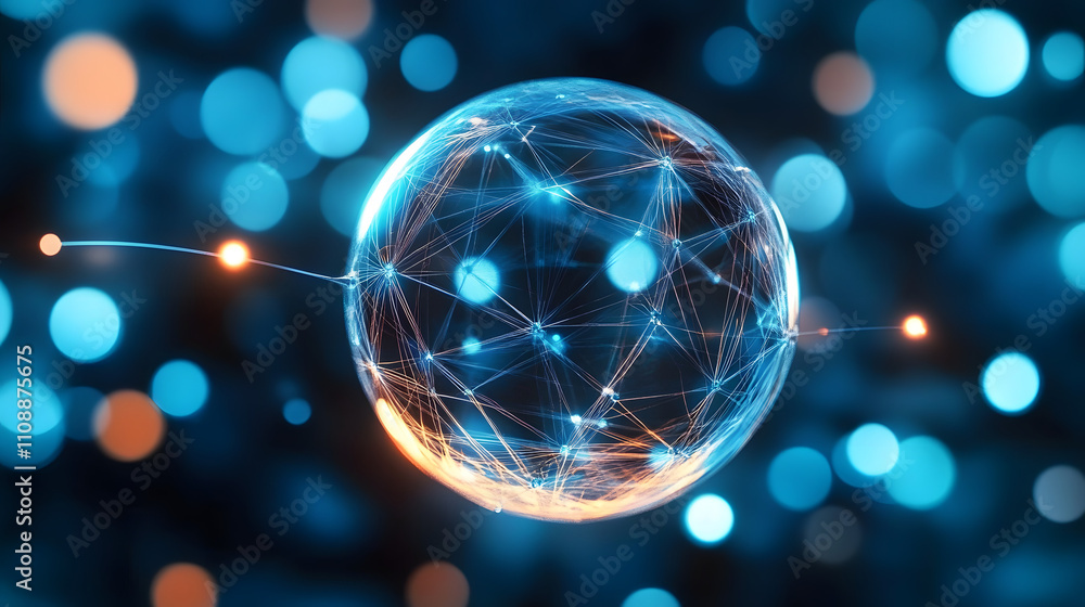Poster a translucent sphere with a web-like structure, surrounded by blue bokeh lights.