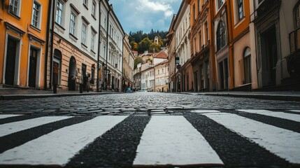 Obraz premium A zebra crossing in the middle of a cobblestone street in a historic European town.