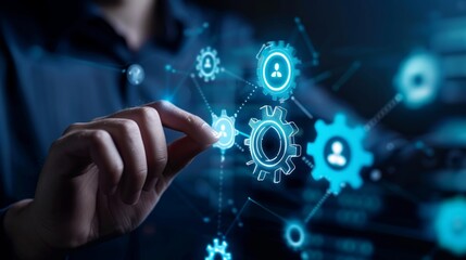 Hand touching digital gears, representing collaboration, innovation, and future tech integration in business.