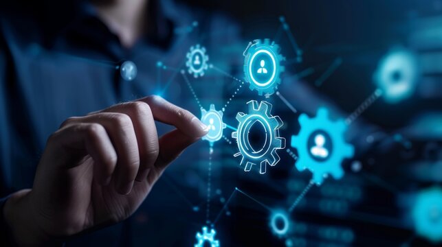 Hand touching digital gears, representing collaboration, innovation, and future tech integration in business.
