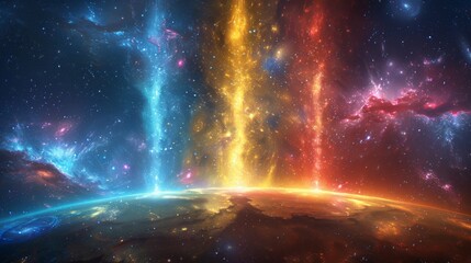 Obraz premium Vivid golden, red, and blue beams of cosmic energy over a glowing planetary horizon and star-filled galaxy