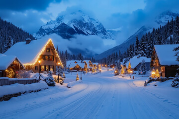 A snowy street lined with houses covered in snow and lights