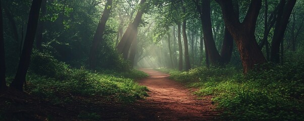 Fototapeta premium Sunbeams illuminating a misty path in a green forest