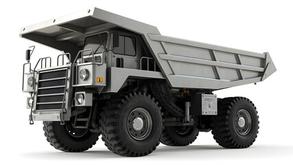A heavy-duty construction dump truck with rugged tires and a metallic finish, positioned on a white background
