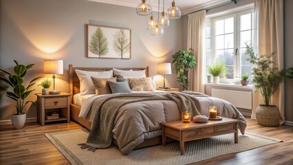Cozy bedroom featuring a comfortable bed with soft pillows and a warm blanket , interior, home, furniture, sleep, cozy, relaxation