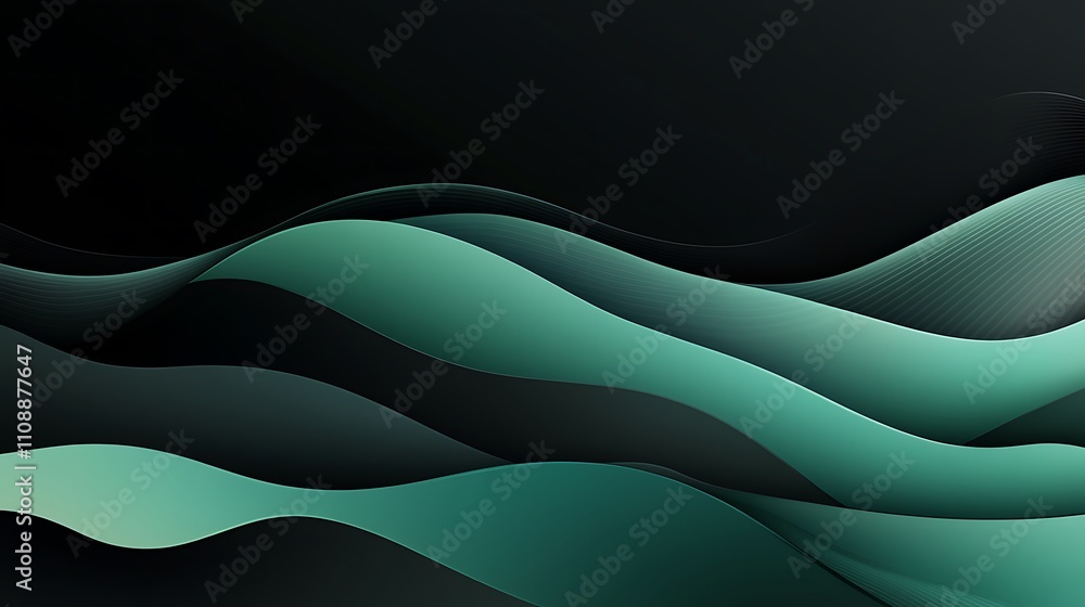 Poster smooth gradient waves in shades of green and black, creating a calming and abstract background with 