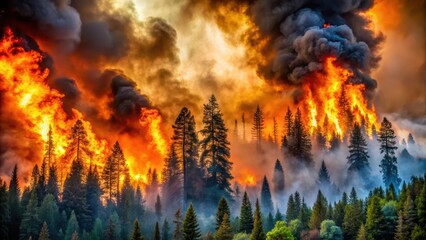 A raging wildfire consuming a forest landscape, blaze, flames, destruction, danger, inferno, emergency, disaster, smoke, heat