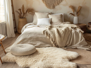 Sheepskin rug on the floor of a cozy bedroom, with a bed covered in warm blankets and soft pillows