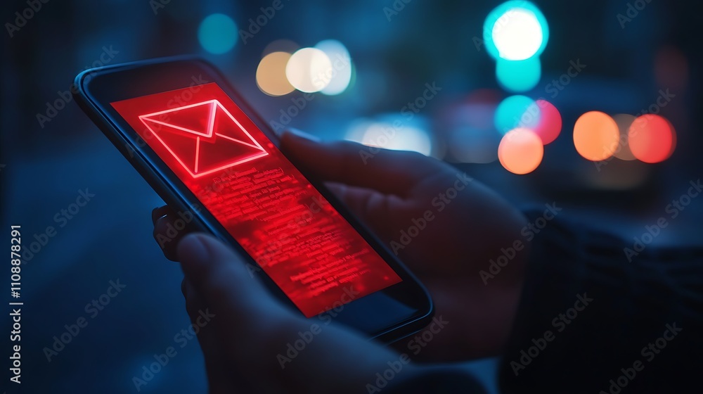 Poster sms spam and fake text message phishing from a scammer, with a red warning alert for a system hack, 