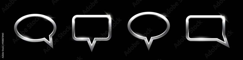 Poster silver speech bubble frames set with shadow on black background. ellipse and square blank space for 