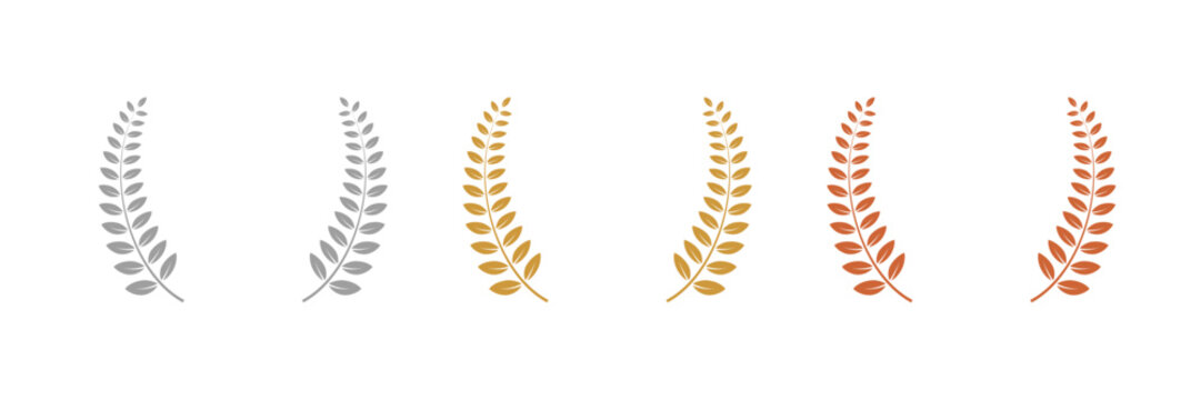 Gold, silver, bronze laurel wreaths. Winner medal award set vector illustration. Victory symbol, triumph emblem, champion prize isolated on transparent background.