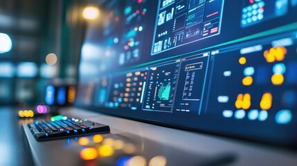 Naklejka premium High-Tech Control Room with Colorful Data Display and Keyboard