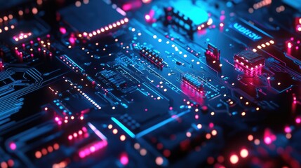 Fototapeta premium Abstract Circuit Board with Neon Lights and Colorful Glows