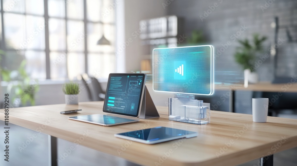 Poster modern office workspace with digital interface and tech devices